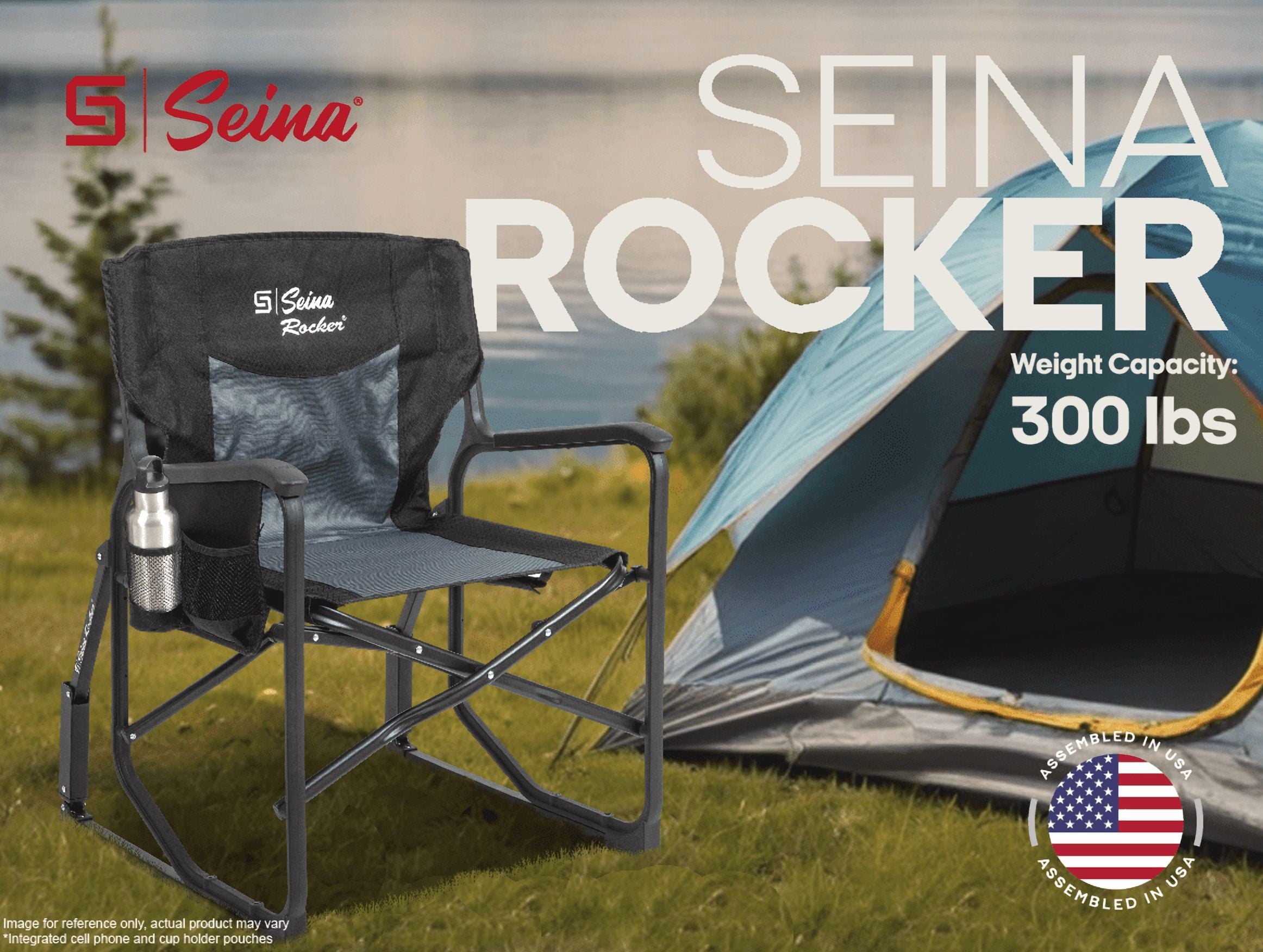 Seina Rocker, Outdoor Foldable Rocking Chair with Hard Armrests, Cup Holder and Side Pocket for Adults, Collapsible, Weight Capacity up to 300 lbs, Gray and Black