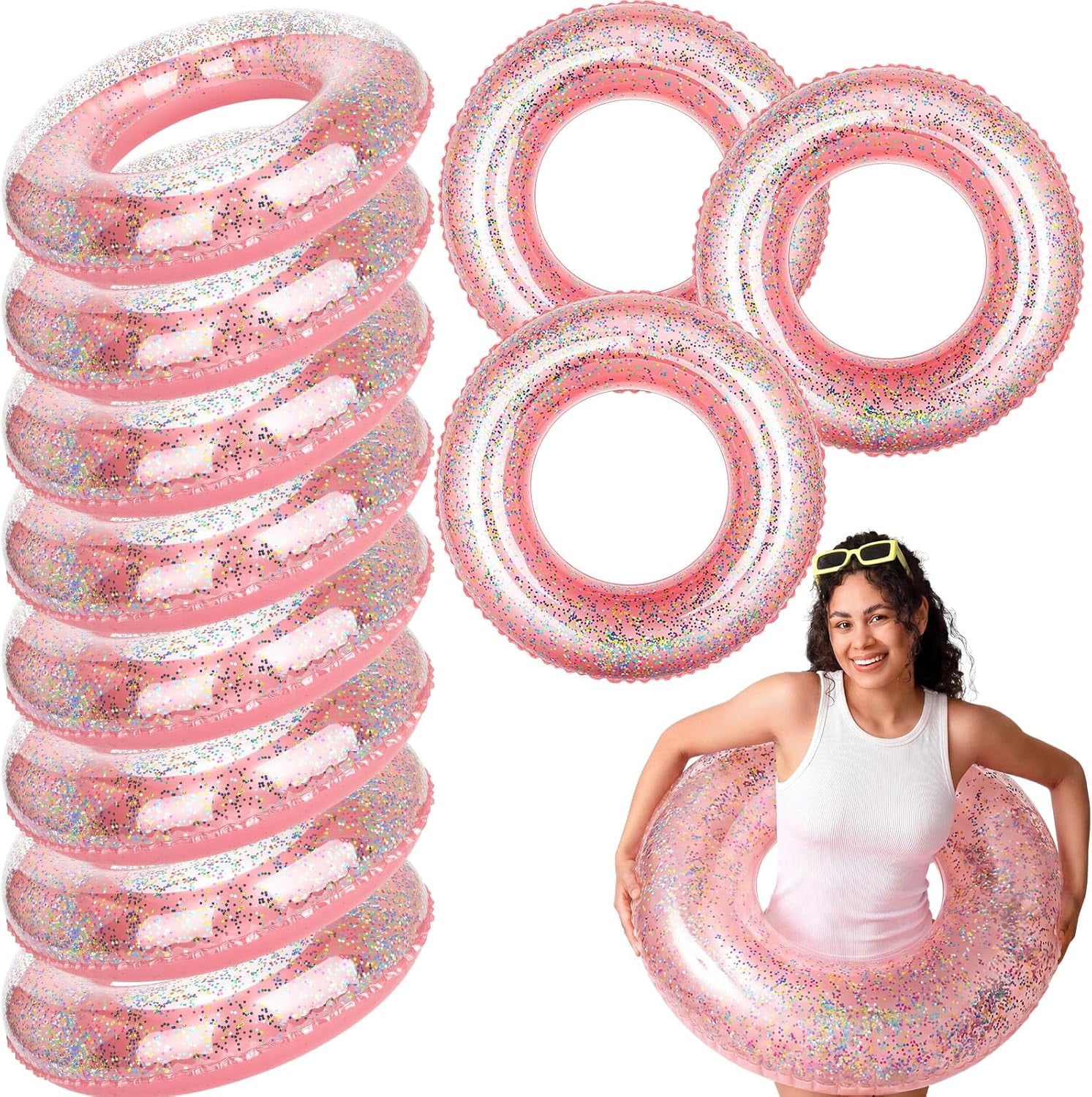 12 Pcs Summer Swim Rings with Glitter Fun Inflatable Pool Float Round Shaped Swimming Pool Tubes for Beach Party Supplies(Blue,23.6 l X 23.6 w)