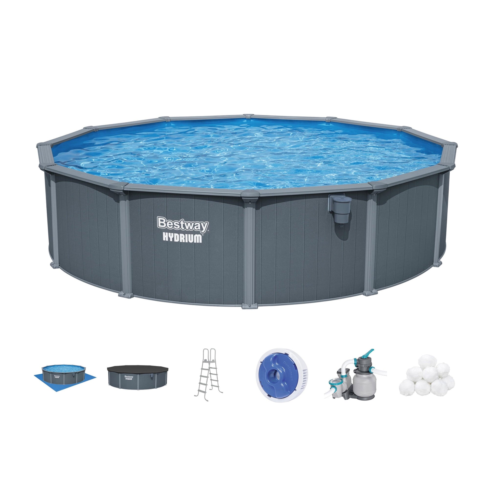Bestway Hydrium 15' x 48 Steel Side Wall Above Ground Pool w/ Sand Pump & Accessories